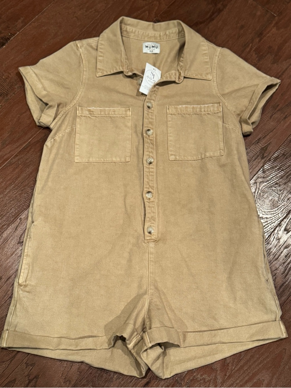 Show Me Your MuMu Tan Short-Sleeve Button Romper